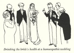 Auf das Wohl der Braut trinken bei einer homöopathischen Hochzeit (Lithografie)