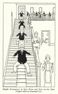Einfache Vorsichtsmaßnahmen zur Schonung des Treppenteppichs bei ständigem Gebrauch (Lithografie) von William Heath Robinson