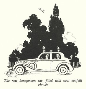 Das neue Hochzeitsreisemobil, ausgestattet mit einem praktischen Konfettipflug (Lithografie) von William Heath Robinson