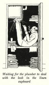 Warten auf den Klempner, um das Leck im Wäscheschrank zu beheben von William Heath Robinson