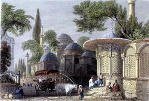 Brunnen und Moschee von Chahzade, graviert von Roberts Sands (1792-1855) um 1850