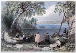 Kanu-Bau auf den Pappers-Inseln in der Nähe des Ottawa-Flusses - in „Canadian Scenery Illustrated“ von Bartlett W. H.