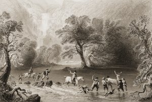 Hirschjagd in der Nähe des Derrycunnihy-Wasserfalls, County Kerry, Irland, aus 