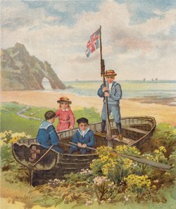 Kinder spielen in einem Boot am Strand