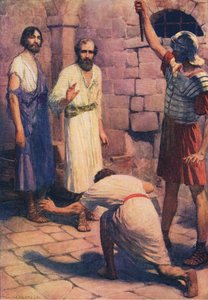 Paulus und Silas im Gefängnis, aus Das Bibelbilderbuch, veröffentlicht von Thomas Nelson, ca. 1950 von William Henry Margetson