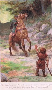 Der Zwerg schlug Sir Tors Pferd so heftig zwischen die Augen, dass das arme Pferd um seine eigene Länge zurücktaumelte