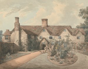 Ein Junge spielt Trommel im Garten eines Landhauses von William Henry Pyne