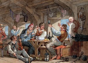 Matrosen trinken an Bord des Unterdecks ihres Schiffes, Szene mit Geigenspieler und Pfeifenraucher, Leinen auf einem Seil und Bordausrüstung (Schwert, Gewehr, Kanone, Lampe) von William Henry Pyne