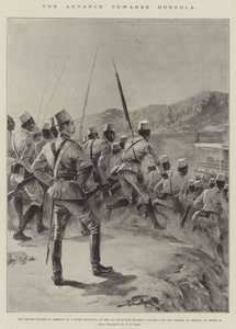 Der Vormarsch nach Dongola, der britische Offizier, der ein Negerbataillon des 11. Sudanesenregiments befehligt, beobachtet seine Männer beim Einschiffen in Shellal am 18. März