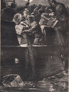 Bostoner Jungen als Indianer verkleidet werfen die Teekisten in den Hafen, 1773
