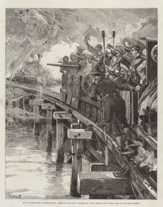 Marine-Manöver in Portsmouth, gepanzerter Zug zieht sich über Brücke zurück und zündet Mine zur Verfolgungsunterbrechung von William Heysham Overend