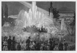 Die Internationale Gesundheitsausstellung bei Nacht: Die beleuchteten Brunnen (Stich) von William Heysham Overend