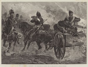 Die königliche Überprüfung in Aldershott, die Nordenfeldt-Kanone eröffnet das Feuer zur Deckung des Vormarsches der 10. Husaren von William Heysham Overend