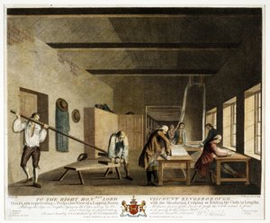 Dem ehrenwerten Lord Viscount Kingsborough... diese Platte, die eine perspektivische Ansicht eines Lappenzimmers darstellt, mit dem Messen, Kräuseln oder Falten des Stoffes in Längen, Platte XI, Die Leinenmanufaktur