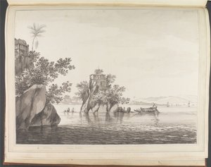 Ansicht eines isolierten Felsens im Ganges bei Jangerah [Jahangira] von William Hodges