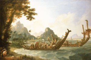 Die Kriegsschiffe der Insel Otaheite (Tahiti) und der Gesellschaftsinseln, mit einem Blick auf einen Teil des Hafens von Ohaneneno auf der Insel Ulieta, einer der Gesellschaftsinseln von William Hodges