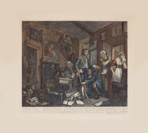 Der Lebenslauf eines Wüstlings, Platte 1: Der junge Erbe übernimmt die Habseligkeiten des Geizhalses, ca. 1735 von William Hogarth