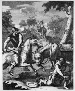 Don Quixote ergreift das Barbierbecken für Mambrinos Helm