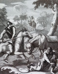 Don Quijote ergreift das Becken des Barbiers für Mambrinos Helm von William Hogarth