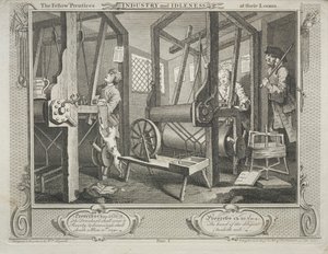 Industrie und Müßiggang: Die Gefährten an ihren Webstühlen, 1747 von William Hogarth