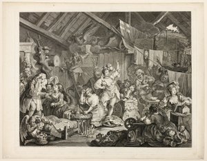 Spaziergangs-Schauspielerinnen, die sich in einer Scheune umziehen von William Hogarth