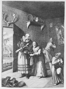 Der Pfarrer und der Barbier verkleiden sich, um Don Quixote nach Hause zu bringen von William Hogarth
