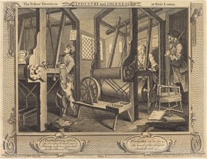 Die Lehrlinge an ihren Webstühlen