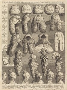 Die fünf Ordnungen der Perücken, wie sie bei der letzten Krönung architektonisch gemessen wurden von William Hogarth