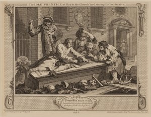Der faule Lehrling beim Spielen auf dem Kirchhof während des Gottesdienstes
