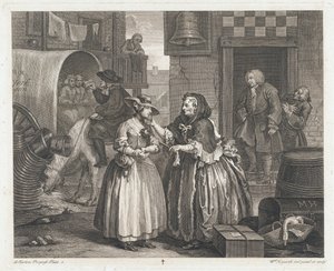 Das unschuldige Mädchen wird zur Hure, entworfen 1732, gedruckt 1744 von William Hogarth