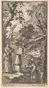 Die neue Metamorphose, Platte 7: Der Kardinal, ein Einsiedler und Donna Angela halten Fantasio von William Hogarth