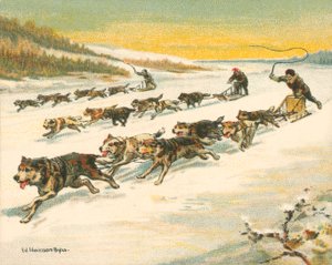Historische und moderne Rennen, kanadische Hundeschlittenrennen (Chromolitho) von William Hounsom Byles