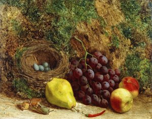 Trauben, eine Birne, Pfirsiche und ein Vogelnest an einem moosigen Ufer, 1864