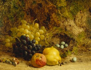 Trauben, ein Apfel, eine Birne und ein Vogelnest auf einem moosigen Ufer, 1865