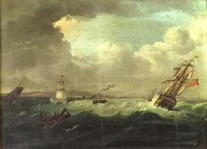 Schiffe vor dem Pigeon House, Hafen von Dublin mit der Vizekönigsyacht 