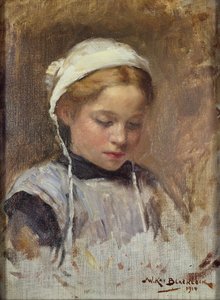 Junges Mädchen in einer blauen Schürze, 1914 von William Kay Blacklock