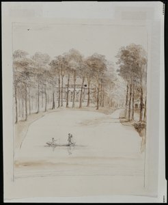 Vogelhaus in Chiswick; Teich mit einem Paar in einem Boot, die Frau angelt (Feder und braune Waschung über Bleistift auf Papier) von William Kent