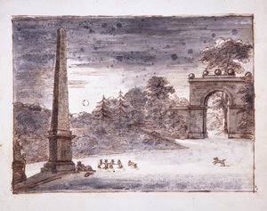 Chiswick, das Burlington Lane Tor und der Obelisk im Mondlicht mit Kent, der am Obelisk träumt, und spielenden Kaninchen, ca. 1732 (Feder und Tinte und Waschung auf Papier)