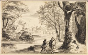 Zwei Reisende unter einem Baum mit Dorf und Brücke in der Ferne