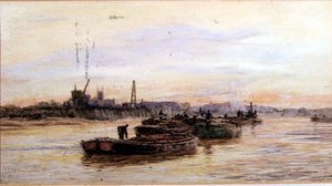 Lastkähne bei Sonnenuntergang von William Lionel Wyllie