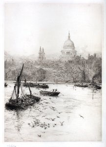 Schiffe und Möwen unterhalb von St. Pauls von William Lionel Wyllie