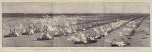 Die große Marineparade in Spithead zu Ehren des Diamantenen Jubiläums der Königin, 26. Juni 1897, die Flotte feuert den königlichen Salut beim Einlaufen der königlichen Yacht in die Linien