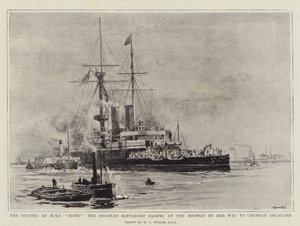 Die Bergung der HMS Howe, das behinderte Schlachtschiff passiert den Medway auf dem Weg zur Chatham-Werft von William Lionel Wyllie