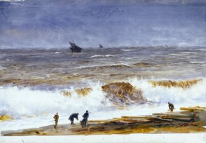 Der Strand von Berck-sur-Mer (Frankreich), mit stürmischer See und Figuren am Strand. Aquarell, nach 1890, von William Lionel Wyllie (1851-1931).