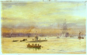 Dieser Blick zeigt den Hafen auf der Gosport-Seite, wo ein U-Boot einfährt, mit einem weiteren davor.