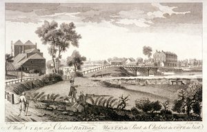Westansicht der Chelsea Bridge, London, ca. 1760