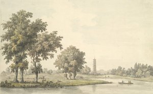 Blick auf den See und die Insel vom Rasen in Kew, 1763
