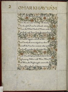 (Ganzes Folioblatt) Die Rubaiyat von Omar Khayyam, Verse 4 - 6. Kalligraphisch geschrieben und dekoriert von William Morris, mit Rändern aus Laub und Blumen