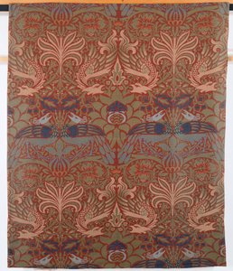 Pfau und Drache, handgewebter Köpervorhang, Morris & Co., 1878