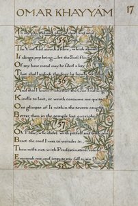 Die Rubaiyat von Omar Khayyam; Verse 55 - 57. Kalligraphisch geschrieben und dekoriert von William Morris, mit Rändern aus Laub und Blumen